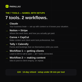 The 7 tools in The Freelancer's Tech Stack: Claude, Notion, Stripe, Canva, CapCut, Tally, Calendly, plus 2 workflows